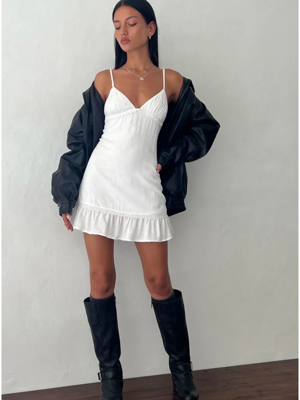 Motel Rocks White Spaghetti-Strap Ruffle-Hem Mini Dress